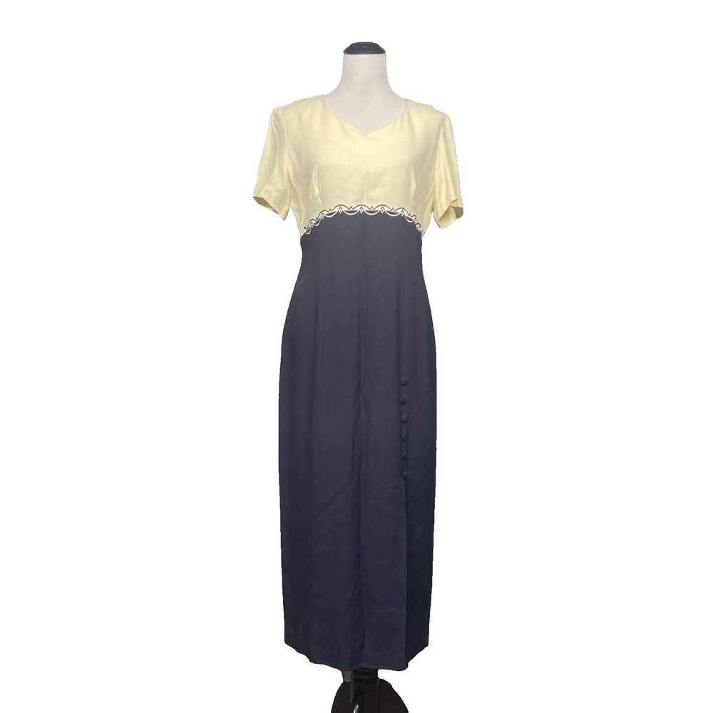 Vtg Helene Blake Empire Waist Maxi Dress Sz 11/12 Navy Yellow Classic 90s Formal